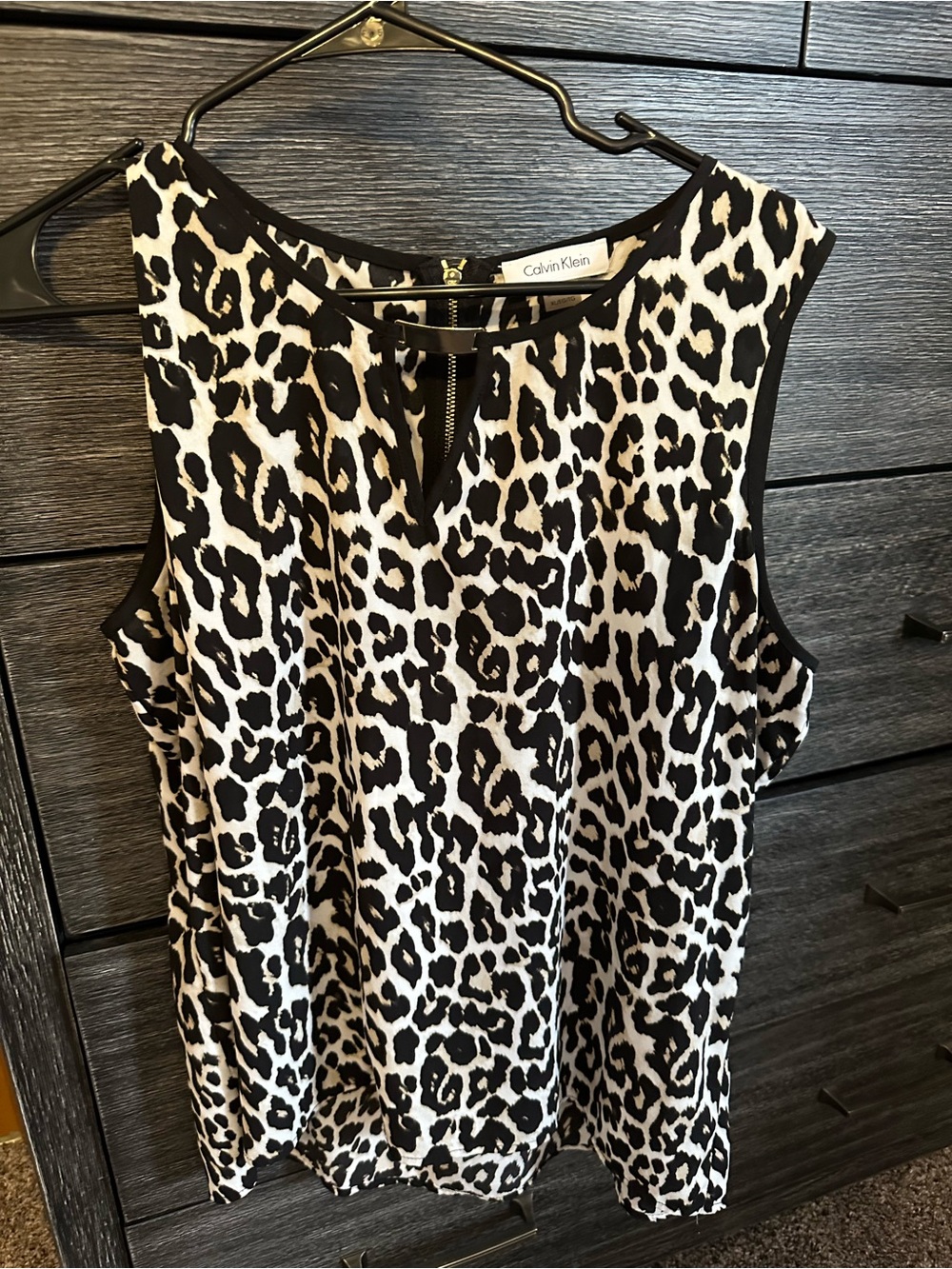 Calvin Klein Black and White Leopard Print Sleeveless Blouse